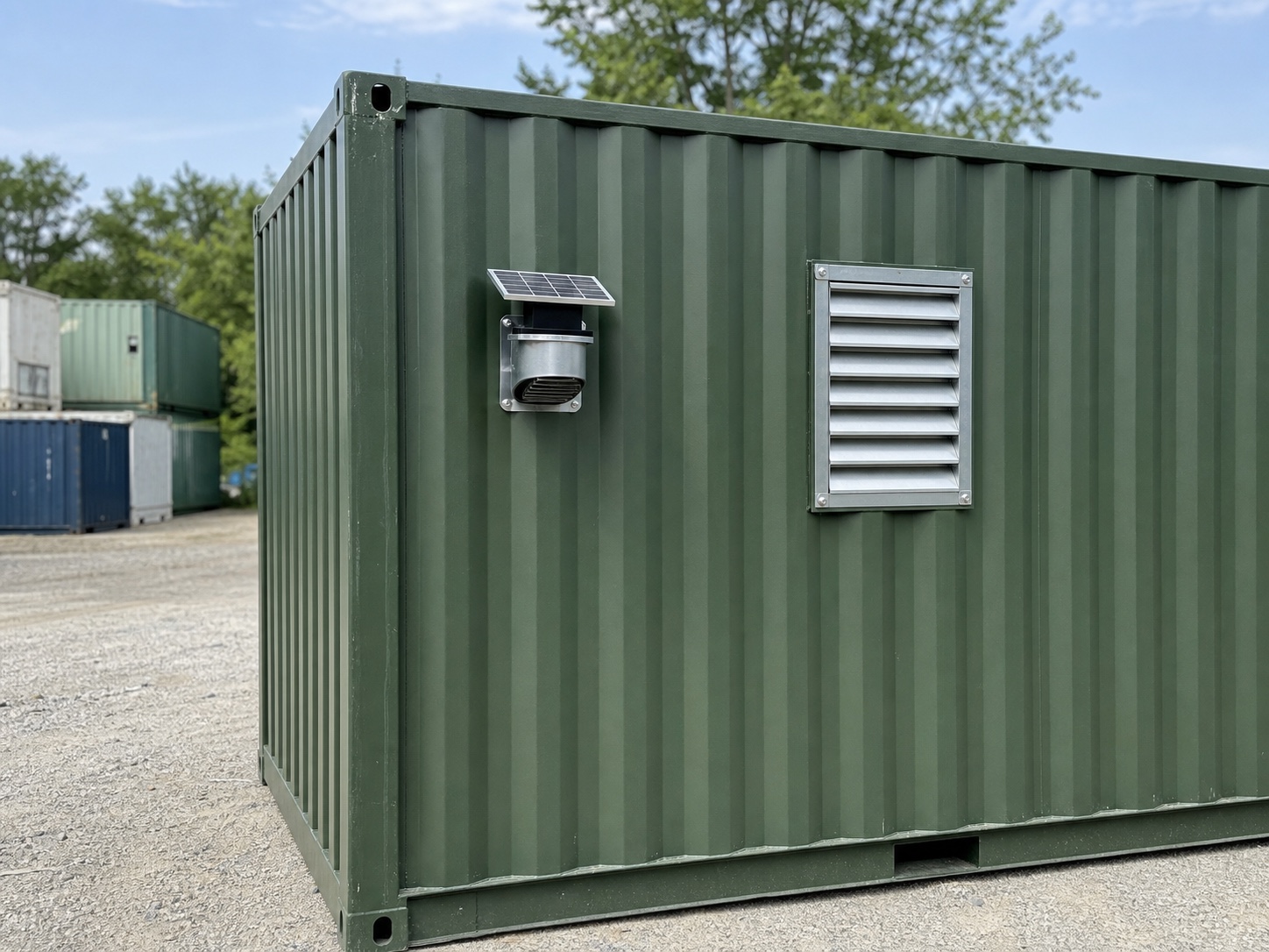 Solar and industrial vents mounted on a shipping container
