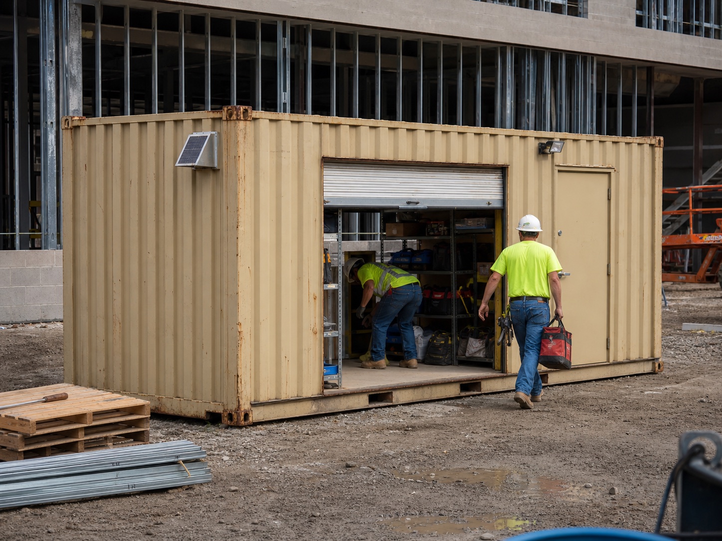 Modified shipping container serving as a secure job-site tool room